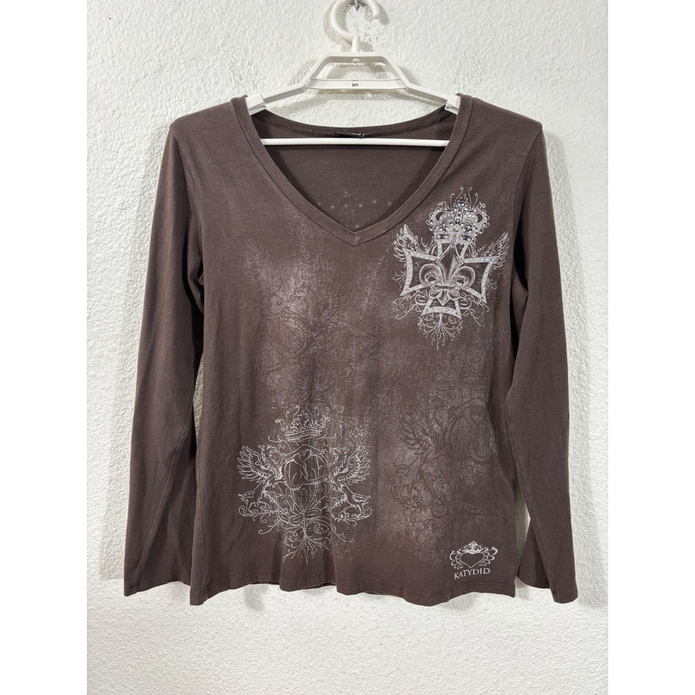 Katydid‎ Graphic Tee Women Medium Brown Y2K Rhinestone Fleur De Lis Top Goth